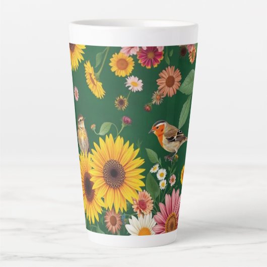 Donkergroene achtergrond Vogels en bloemen Latte Mok (Voorkant)