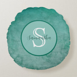 Donkergroene Aquarel Persoonlijke Monogram Worp  Rond Kussen