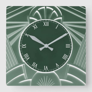 Donkergroene Art Deco Clock - Stijlvolle Abstracte Vierkante Klok