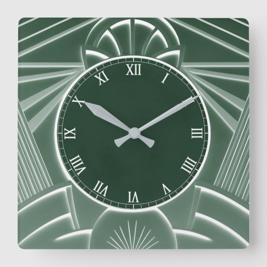 Donkergroene Art Deco Clock - Stijlvolle Abstracte Vierkante Klok (Voorkant)