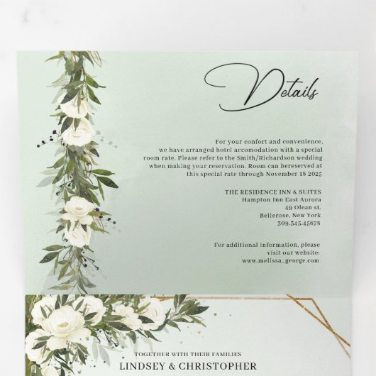 Donkergroene bladeren, witte rozen van olijven, al drieluik uitnodiging (Binnenzijde eerst)