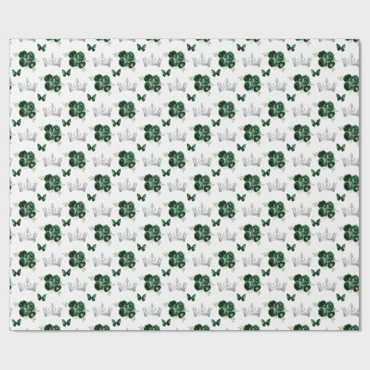 Donkergroene bloemen en zilveren kronen cadeaupapier (Vlak)