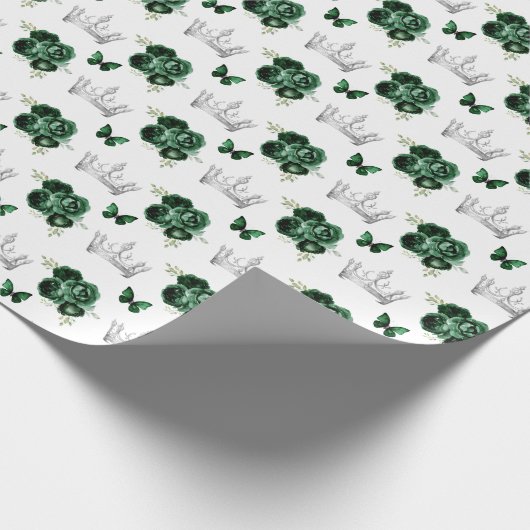 Donkergroene bloemen en zilveren kronen cadeaupapier (Hoek)