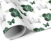 Donkergroene bloemen en zilveren kronen cadeaupapier (Rol Hoek)