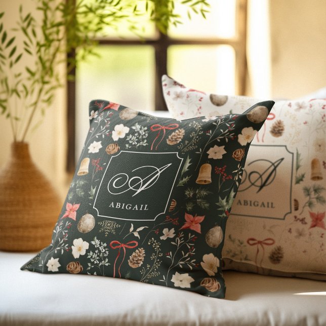 Donkergroene botanische gepersonaliseerde monogram kussen (Creator heeft geüpload)