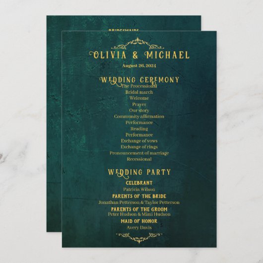 donkergroene bruiloft programmakaart (Voorkant / Achterkant)