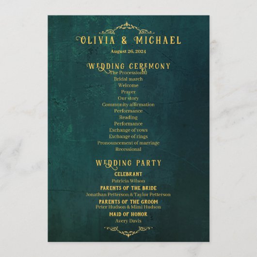 donkergroene bruiloft programmakaart (Voorkant)