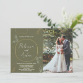 Donkergroene bruiloft uitnodigingen met foto (Staand voorkant)