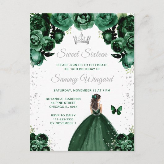 Donkergroene Brunette Hair Princess Sweet Sixteen Briefkaart (Voorkant)