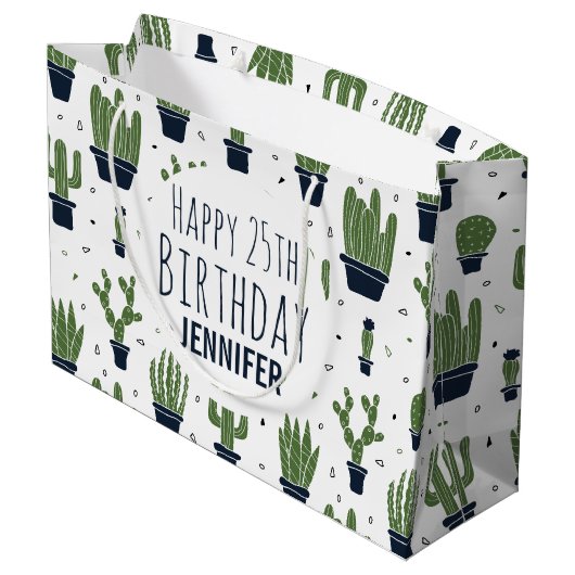 Donkergroene cactus woestijnpatroon Gelukkige Verj Groot Cadeauzakje (Achterkant Gekanteld)