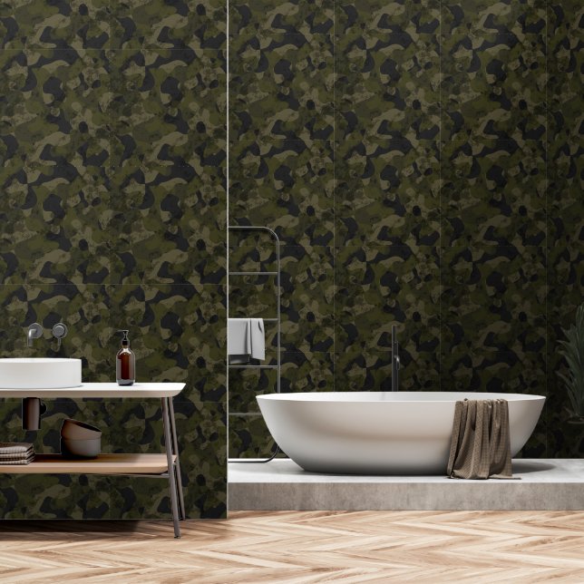 Donkergroene Camo Abstract Behang (Badkamer)