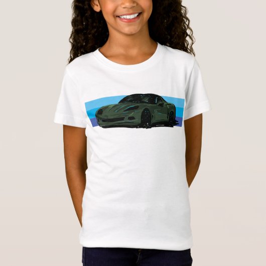 Donkergroene Corvette C6 met blauwe strepen T-shirt (Voorkant)