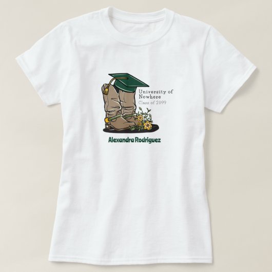 Donkergroene Cowboy Boot Gradup Cap & Flowers T-shirt (Design voorkant)
