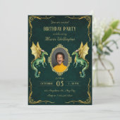 Donkergroene draak gouden verjaardag kaart (Staand voorkant)