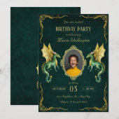 Donkergroene draak gouden verjaardag kaart (Voorkant / Achterkant)