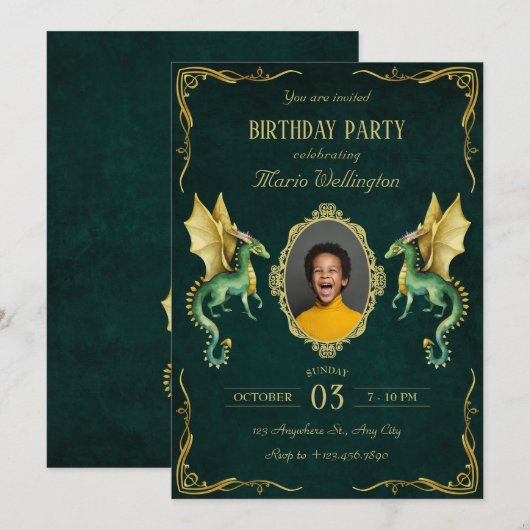 Donkergroene draak gouden verjaardag kaart (Voorkant / Achterkant)
