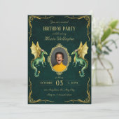 Donkergroene draak gouden verjaardag kaart (Staand voorkant)