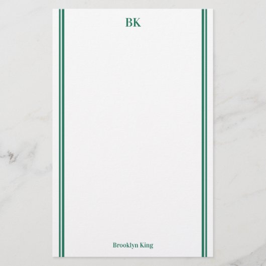 Donkergroene dubbellijnen monogram & naam briefpapier (Voorkant)