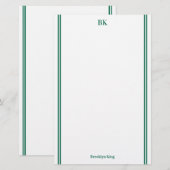 Donkergroene dubbellijnen monogram & naam briefpapier (Voorkant / Achterkant)