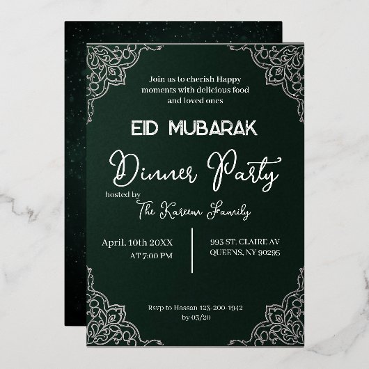 Donkergroene elegante EID MUBARAK uitnodiging (Voorkant / Achterkant)