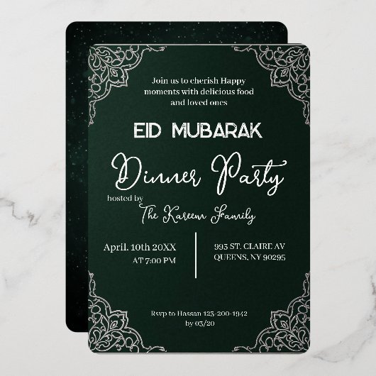 Donkergroene elegante EID MUBARAK uitnodiging (Voorkant / Achterkant)