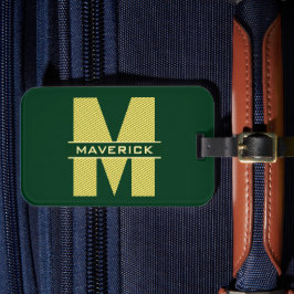 Donkergroene en gele monogram naam Modern Masculin Bagagelabel