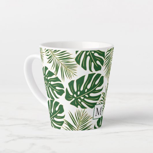 Donkergroene en gouden bladeren en monogram latte mok (Linkerhoek)