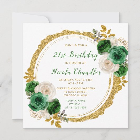 Donkergroene en gouden elegante bloemen verjaardag kaart (Voorkant)
