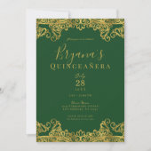 Donkergroene en gouden kant Elegant Quinceañera Pa Kaart (Voorkant)