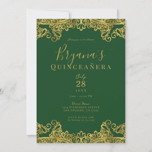 Donkergroene en gouden kant Elegant Quinceañera Pa Kaart (Voorkant)