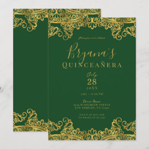 Donkergroene en gouden kant Elegant Quinceañera Pa Kaart