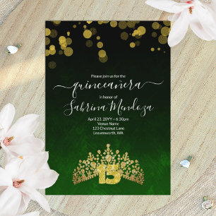 Donkergroene en gouden tiara Quinceanera uitnodigi Kaart