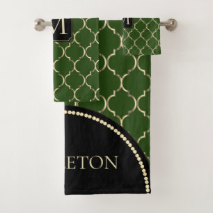 Donkergroene en goudhoudende Quatrefoil - Monogram Bad Handdoek