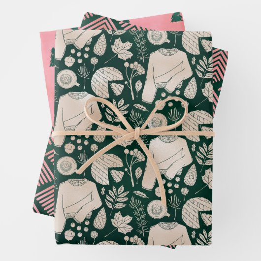 Donkergroene en roze grafische feestdag inpakpapier vel (In situ)