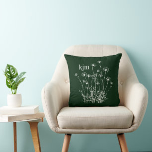 Donkergroene en witte wilde bloemenmonogram kussen