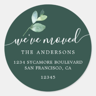 Donkergroene Eucalyptus We Zijn Verhuisd Adres Ronde Sticker