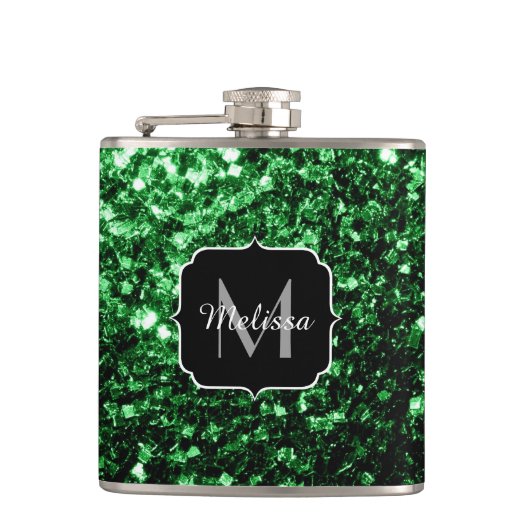 Donkergroene faux glitter sparkles Monogram Heupfles (Voorkant)