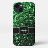 Donkergroene faux glitter sparkles Monogram iPhone Hoesje (Achterkant)