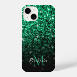 Donkergroene faux glitter sparkles Monogram iPhone 14 Hoesje