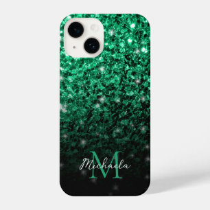 Donkergroene faux glitter sparkles Monogram iPhone 14 Hoesje