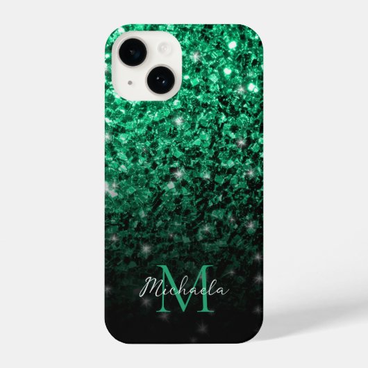 Donkergroene faux glitter sparkles Monogram iPhone Hoesje (Achterkant)