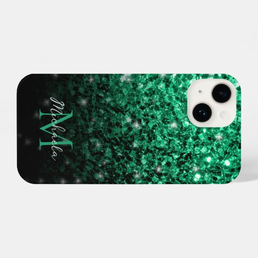 Donkergroene faux glitter sparkles Monogram iPhone Hoesje (Achterkant horizontaal)
