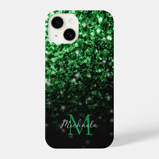 Donkergroene faux glitter sparkles Monogram iPhone Hoesje (Achterkant)