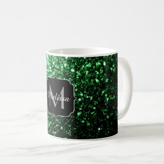 Donkergroene faux glitter sparkles Monogram Koffiemok (Voorkant rechts)