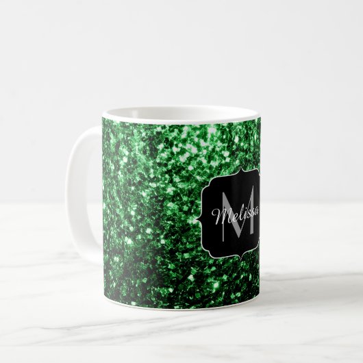 Donkergroene faux glitter sparkles Monogram Koffiemok (Voorkant links)