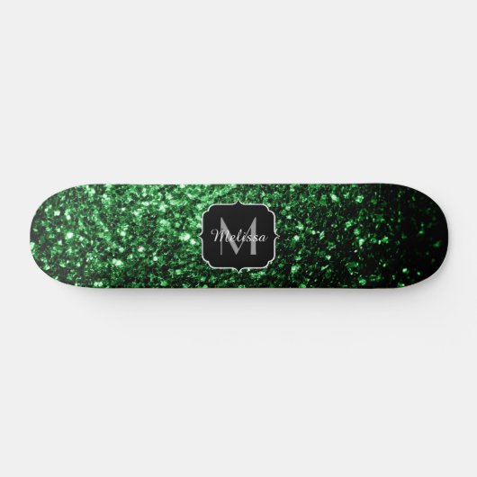 Donkergroene faux glitter sparkles Monogram Skateboard (Horizontaal)