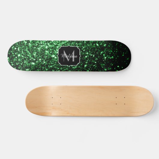 Donkergroene faux glitter sparkles Monogram Skateboard (Horizontaal)