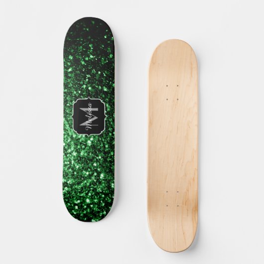 Donkergroene faux glitter sparkles Monogram Skateboard (Voorkant)