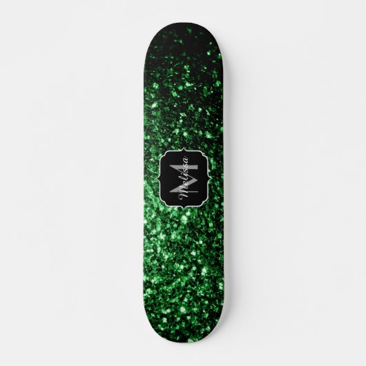 Donkergroene faux glitter sparkles Monogram Skateboard (Voorkant)