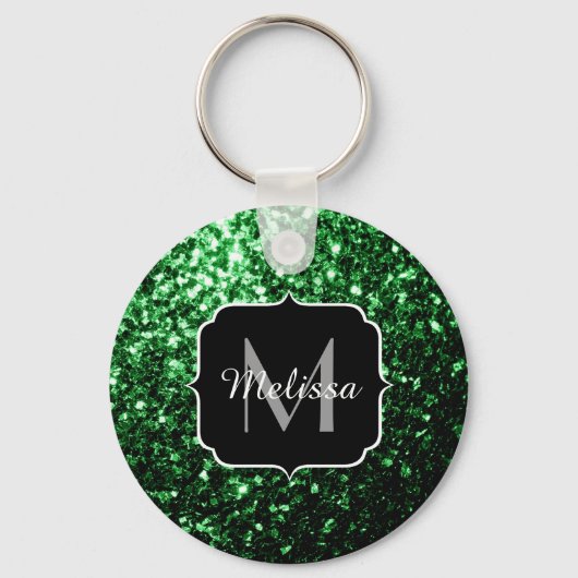 Donkergroene faux glitter sparkles Monogram Sleutelhanger (Voorkant)